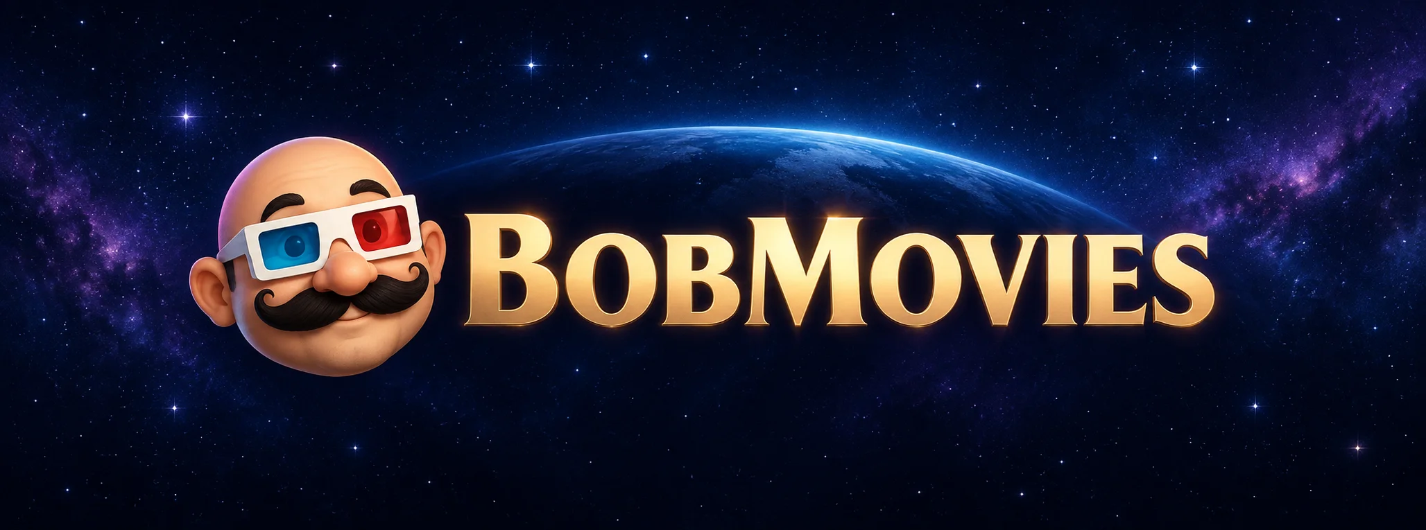 BobMovies gold wordmark and moustached 3D-glasses mascot against an indigo starry backdrop
